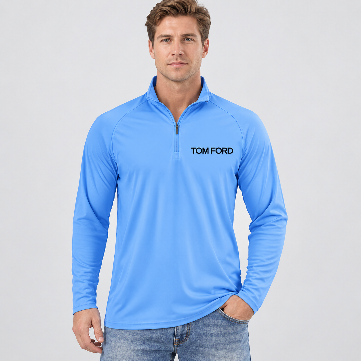 Men’s Tom Ford Lightweight Quarter-Zip Athletic Shirt – Long Sleeve Polyester Wear | Color: Light Blue | View 4
