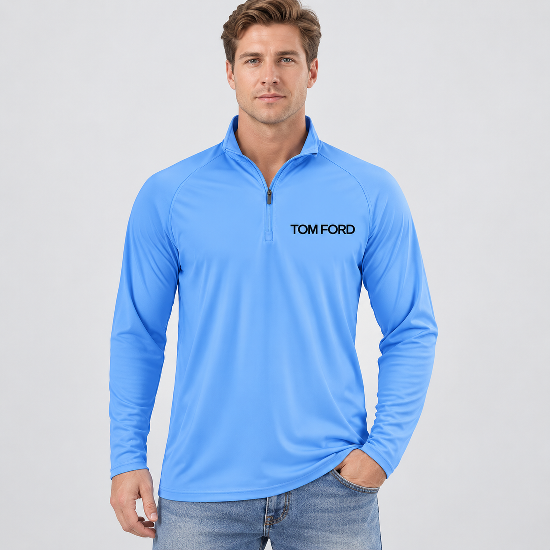 Men’s Tom Ford Lightweight Quarter-Zip Athletic Shirt – Long Sleeve Polyester Wear | Color: Light Blue | View 4