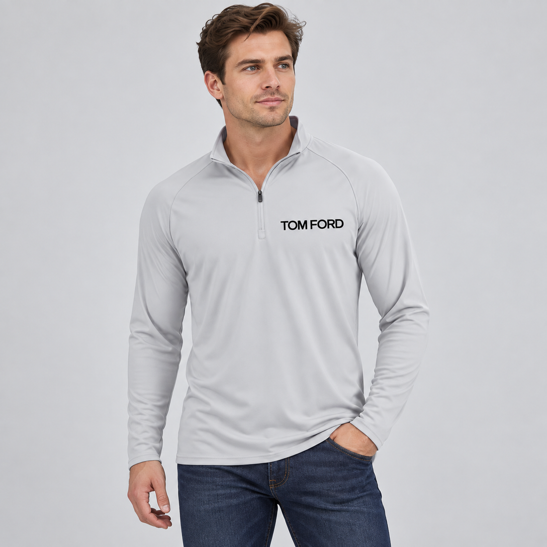 Men’s Tom Ford Lightweight Quarter-Zip Athletic Shirt – Long Sleeve Polyester Wear | Color: Light Gray | View 3