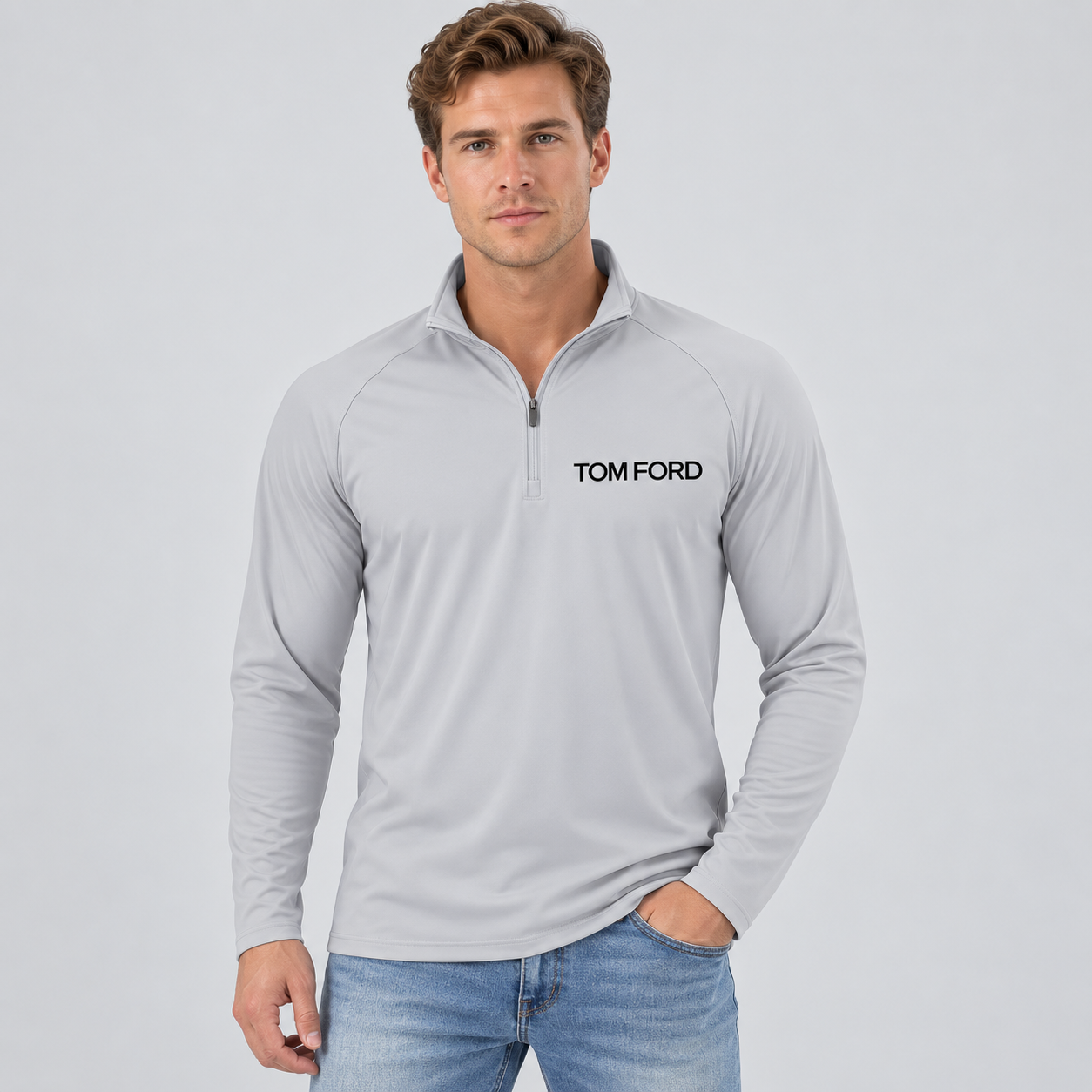 Men’s Tom Ford Lightweight Quarter-Zip Athletic Shirt – Long Sleeve Polyester Wear | Color: Light Gray | View 4