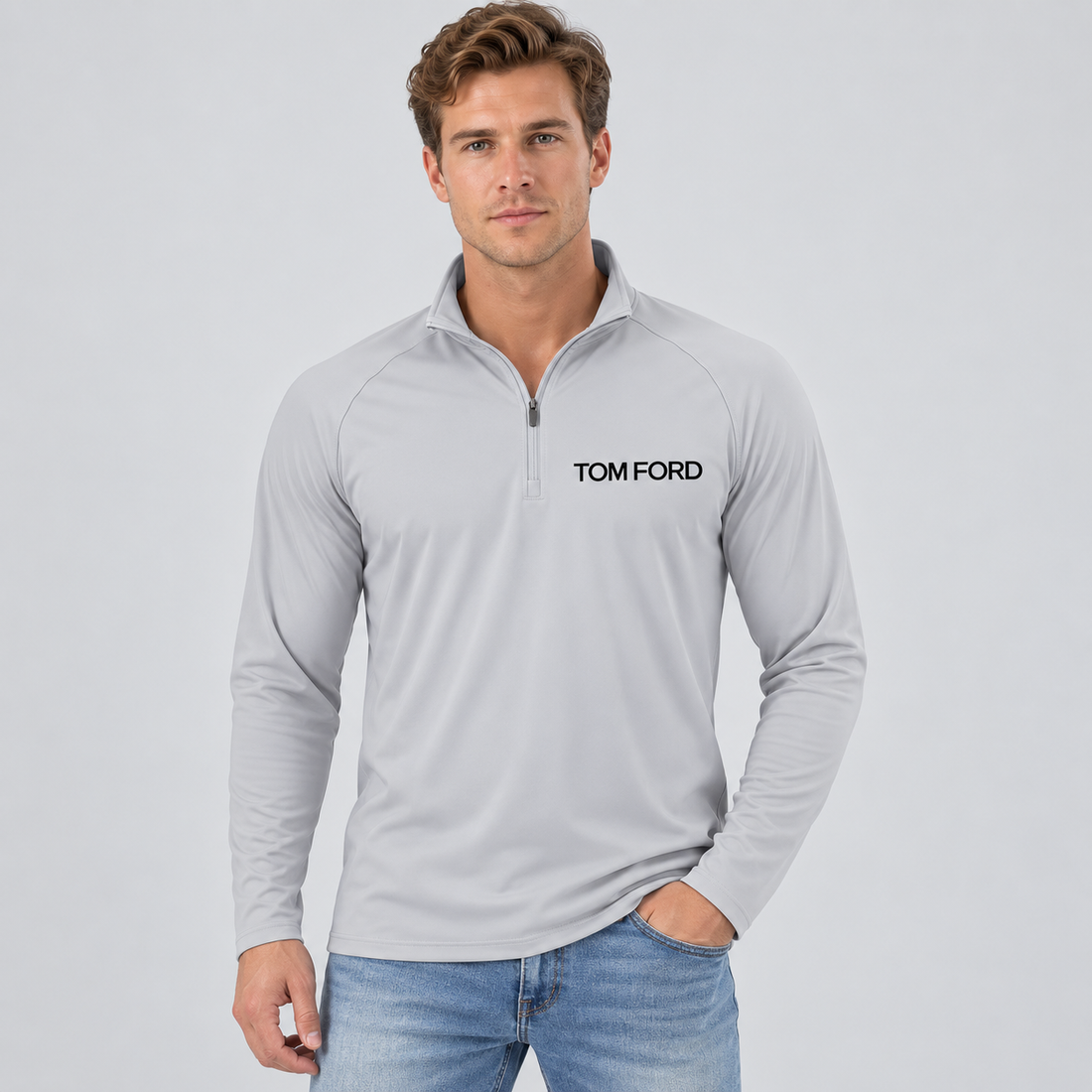 Men’s Tom Ford Lightweight Quarter-Zip Athletic Shirt – Long Sleeve Polyester Wear | Color: Light Gray | View 4