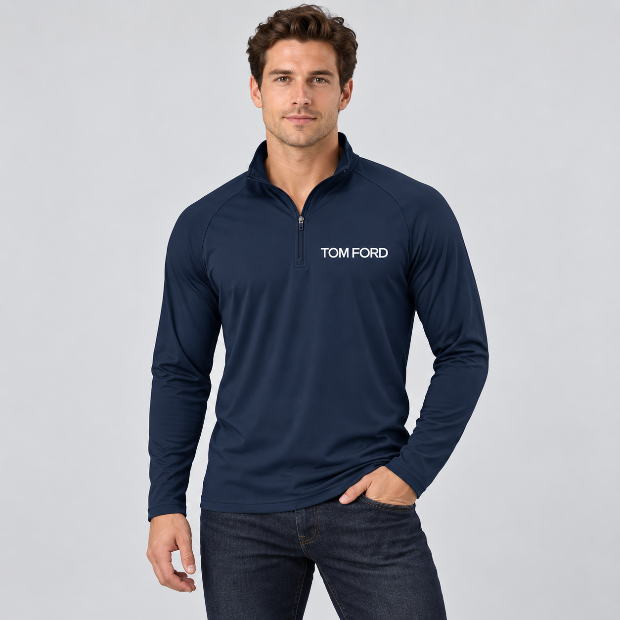 Men’s Tom Ford Lightweight Quarter-Zip Athletic Shirt – Long Sleeve Polyester Wear | Color: Navy | View 3