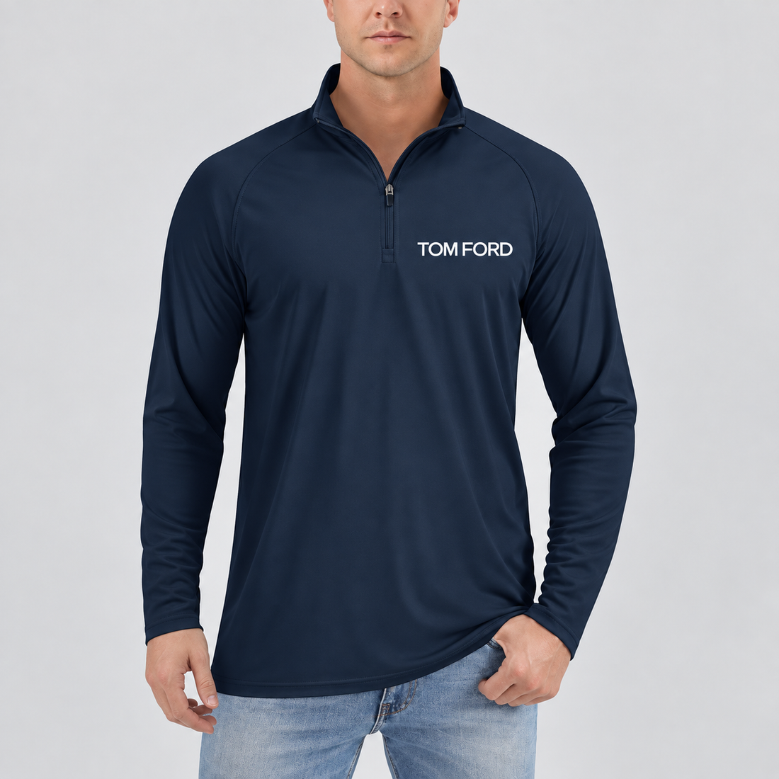 Men’s Tom Ford Lightweight Quarter-Zip Athletic Shirt – Long Sleeve Polyester Wear | Color: Navy | View 4