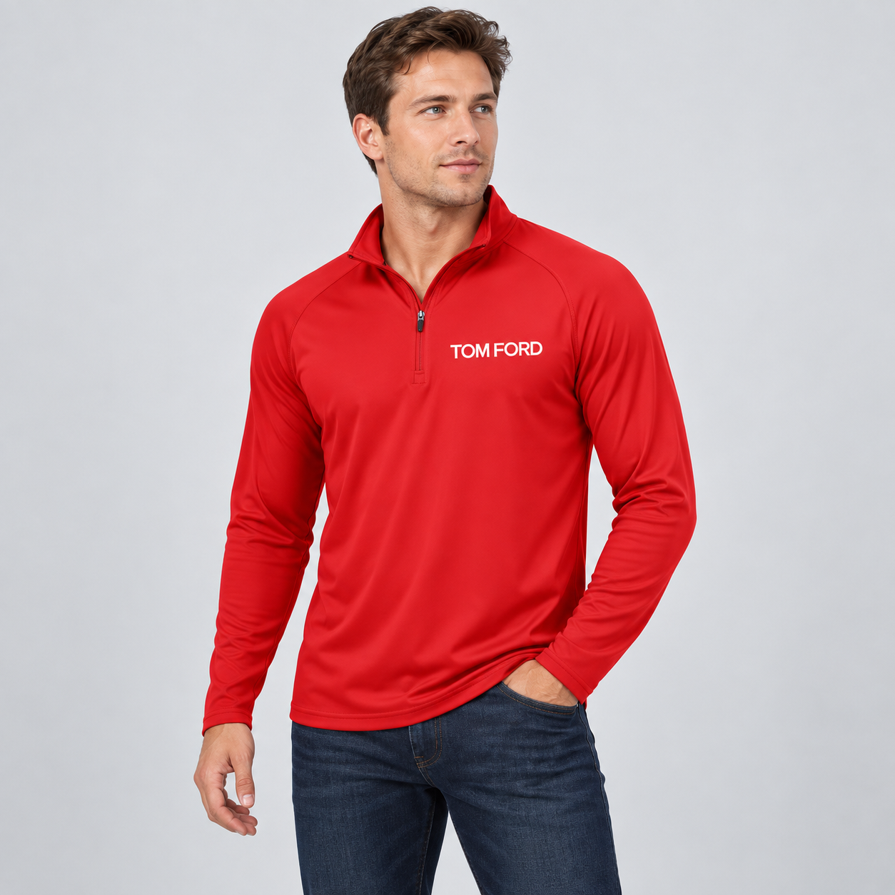 Men’s Tom Ford Lightweight Quarter-Zip Athletic Shirt – Long Sleeve Polyester Wear | Color: Red | View 3