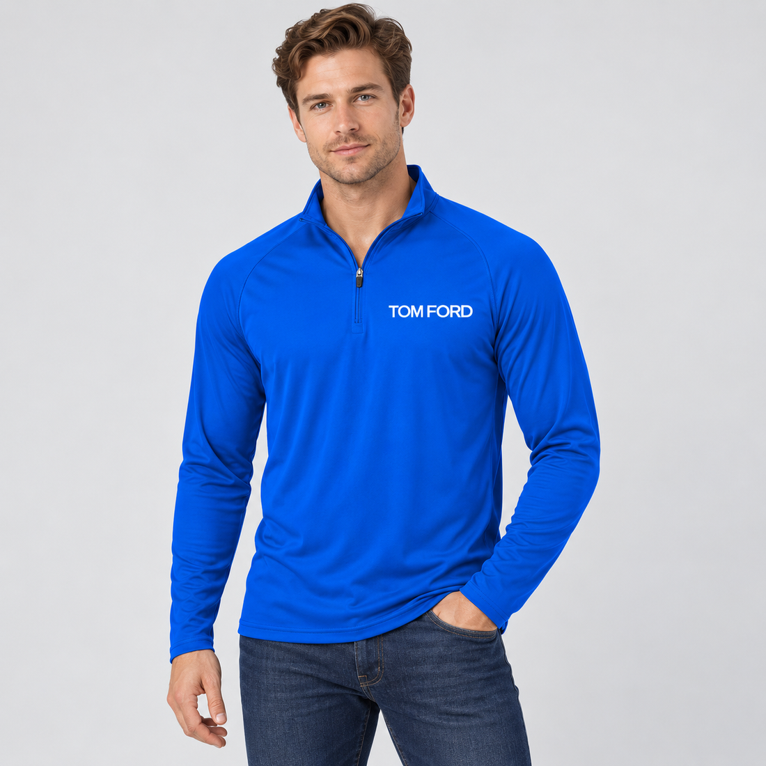 Men’s Tom Ford Lightweight Quarter-Zip Athletic Shirt – Long Sleeve Polyester Wear | Color: Royal Blue | View 3