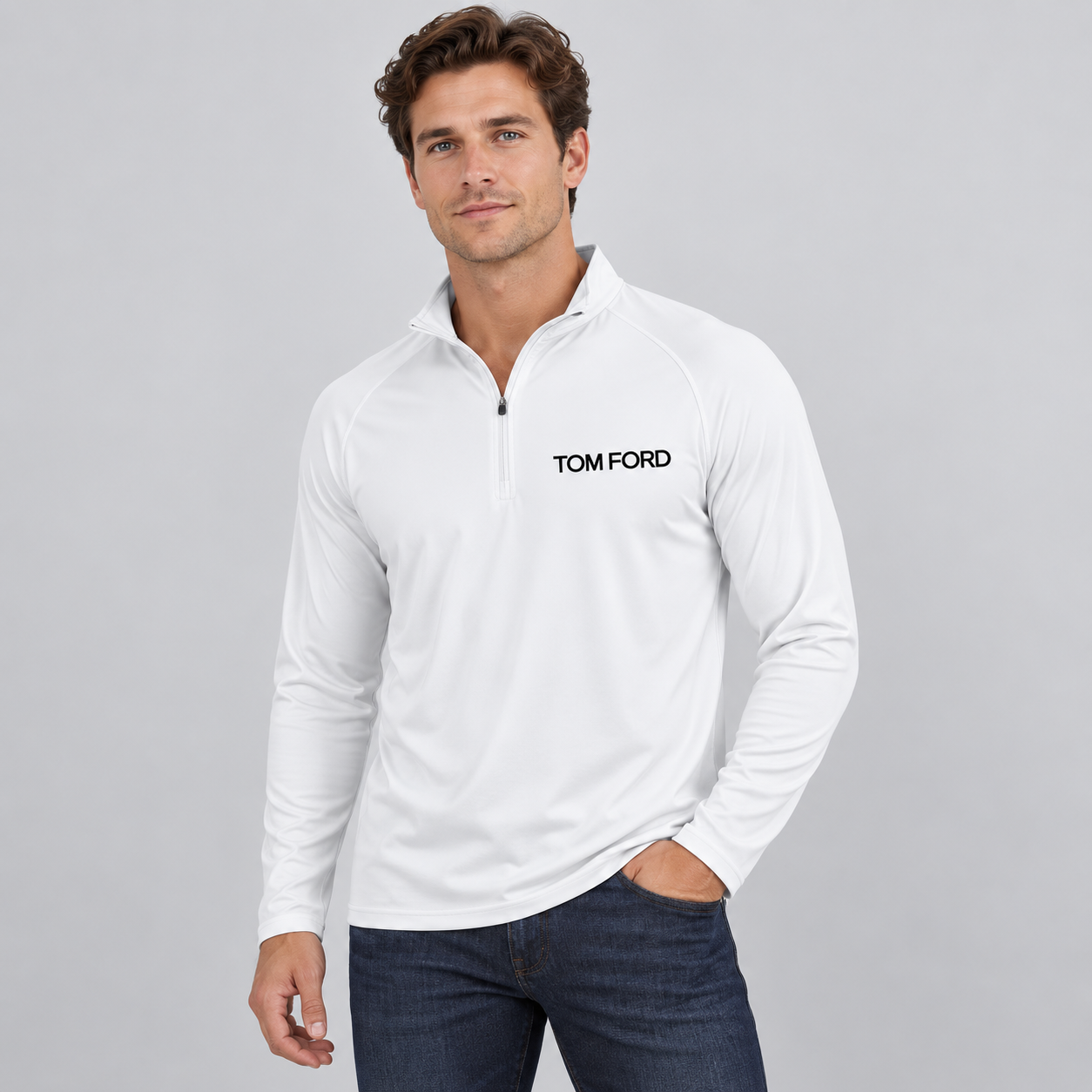 Men’s Tom Ford Lightweight Quarter-Zip Athletic Shirt – Long Sleeve Polyester Wear | Color: White | View 3