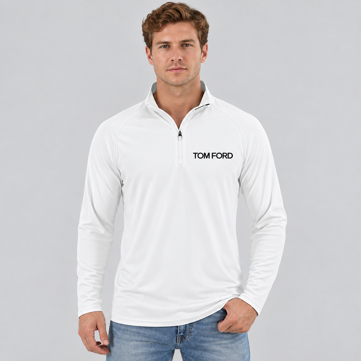 Men’s Tom Ford Lightweight Quarter-Zip Athletic Shirt – Long Sleeve Polyester Wear | Color: White | View 4