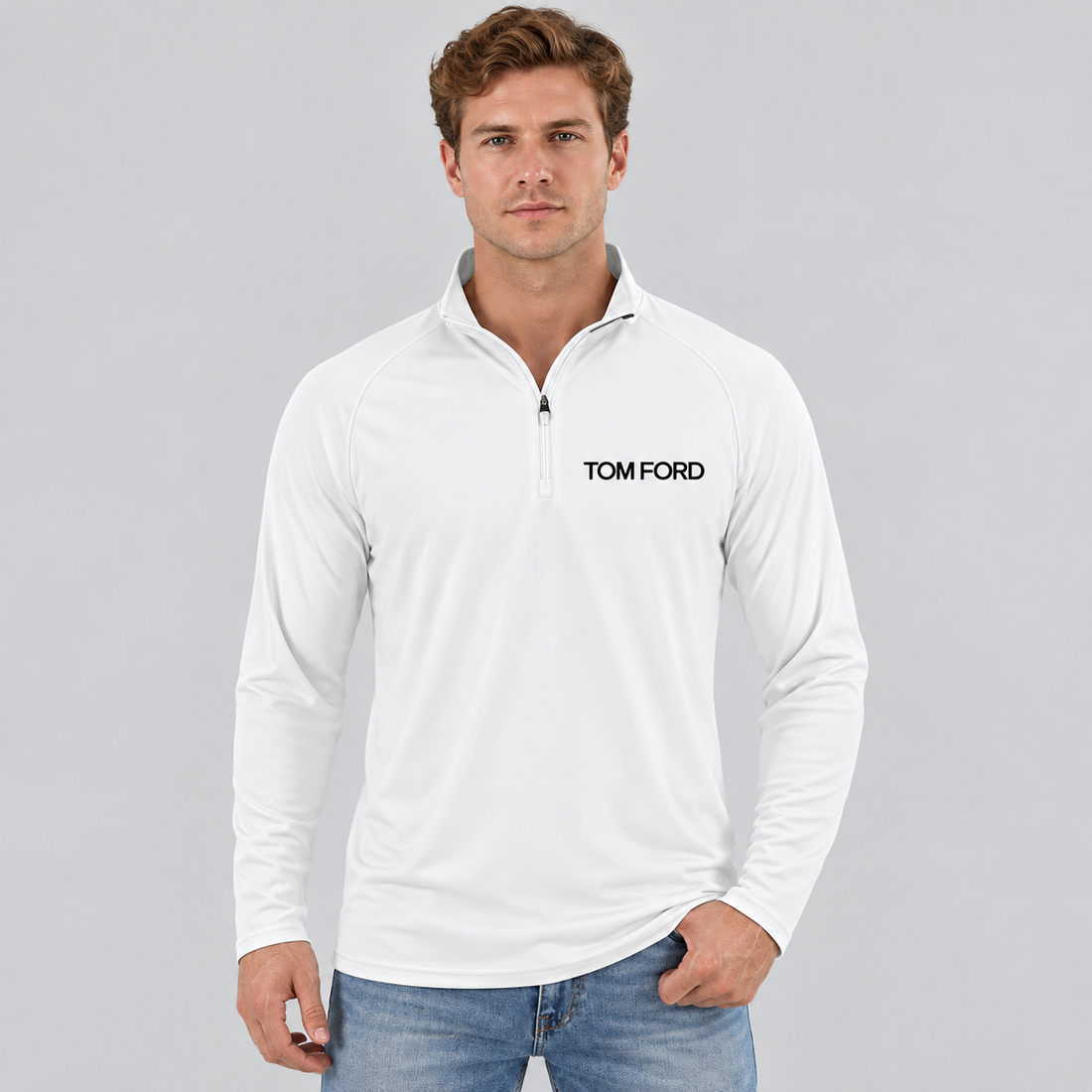 Men’s Tom Ford Lightweight Quarter-Zip Athletic Shirt – Long Sleeve Polyester Wear | Color: White | View 4