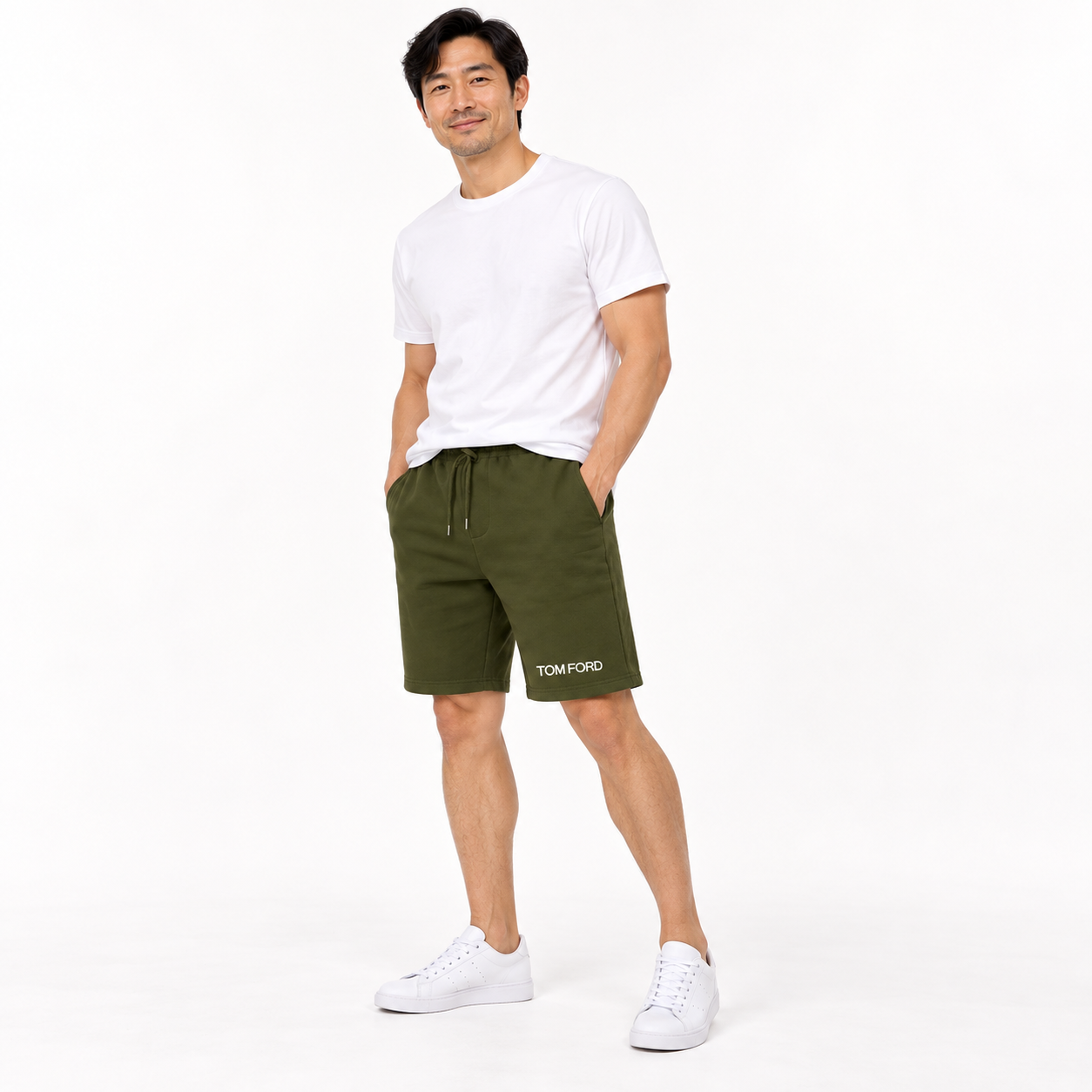 Men's Tom Ford Athletic Fleece Shorts | Color: Army Green | View 1