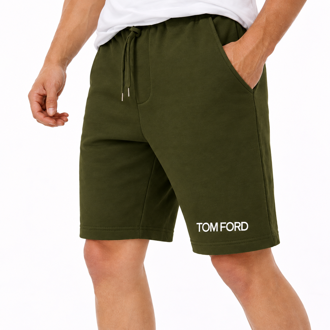 Men's Tom Ford Athletic Fleece Shorts | Color: Army Green | View 5