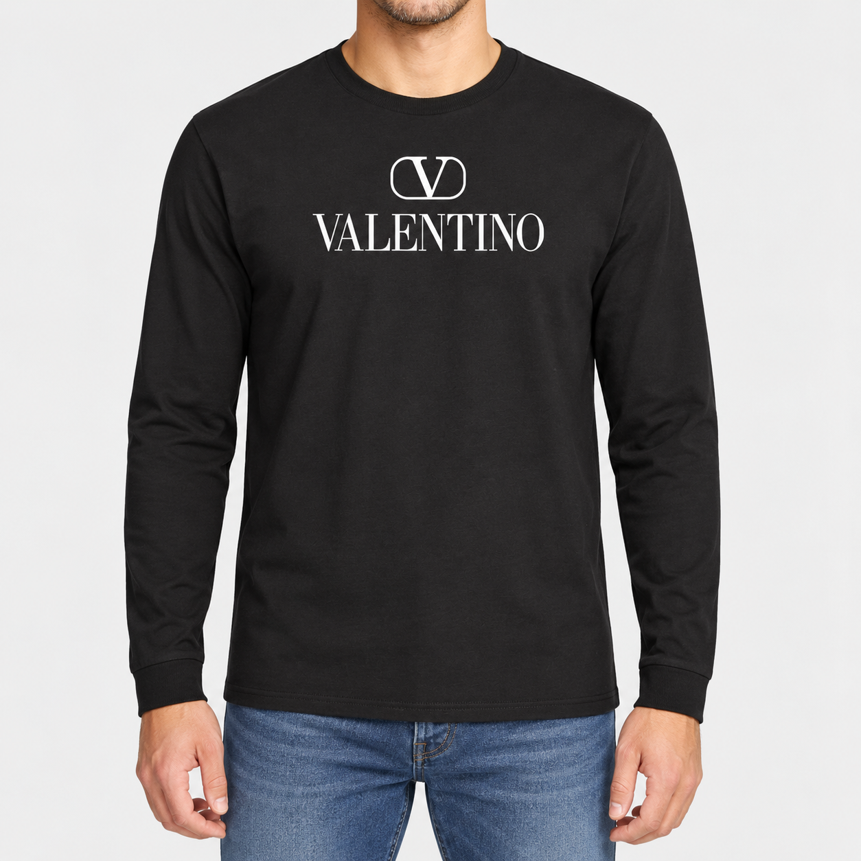 Men's Valentino Cotton Long Sleeve T-Shirt | Color: Black | View 3