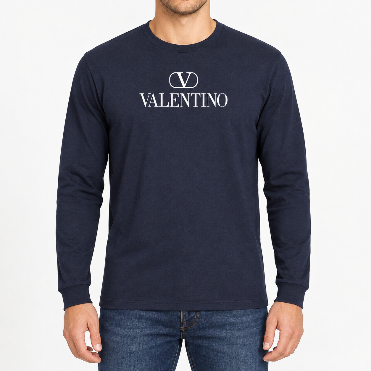 Men's Valentino Cotton Long Sleeve T-Shirt | Color: Navy | View 3