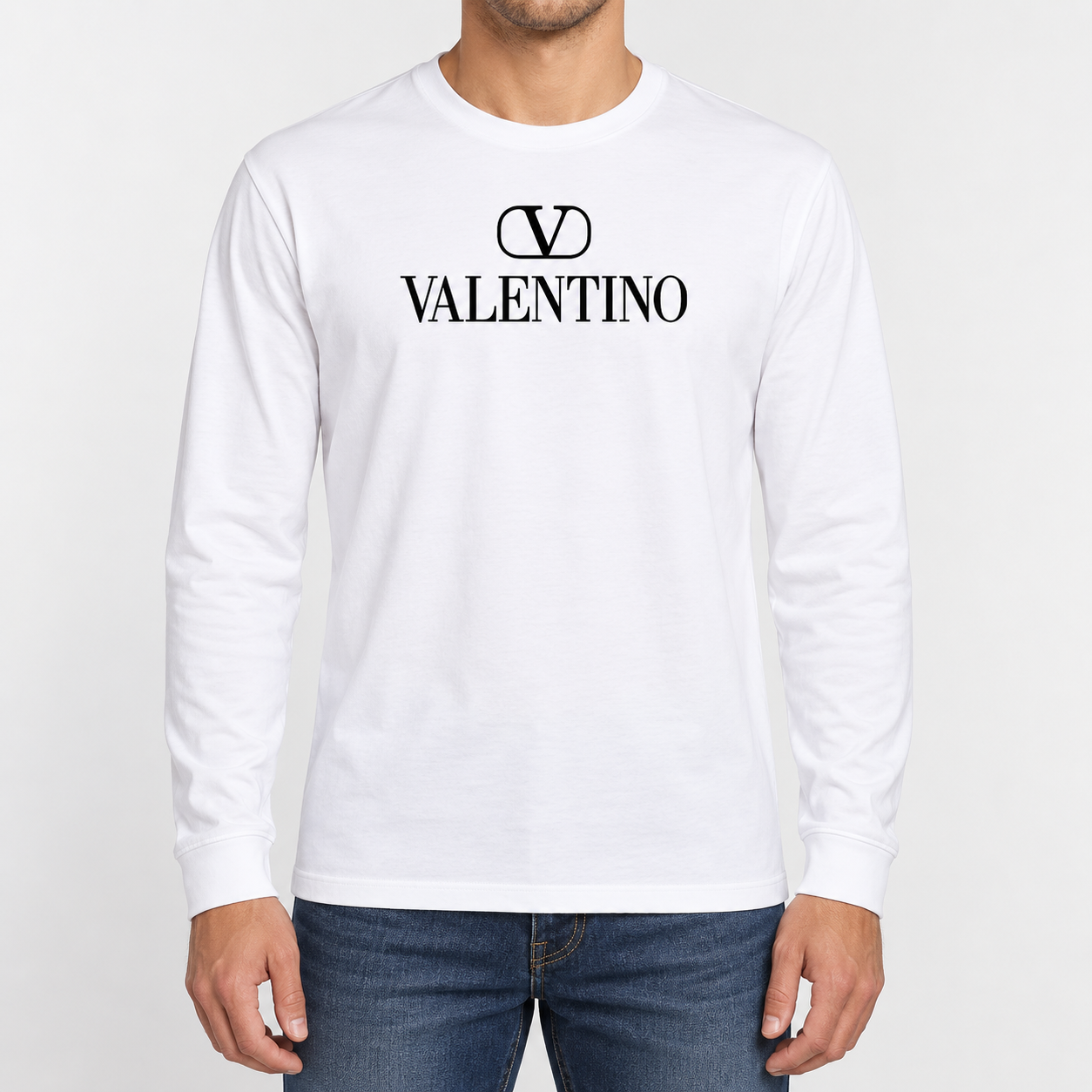 Men's Valentino Cotton Long Sleeve T-Shirt | Color: White | View 3