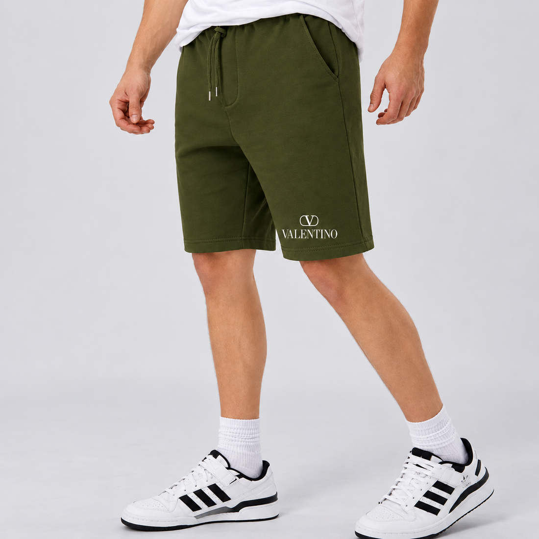 Men's Valentino Athletic Fleece Shorts | Color: Army Green | View 3