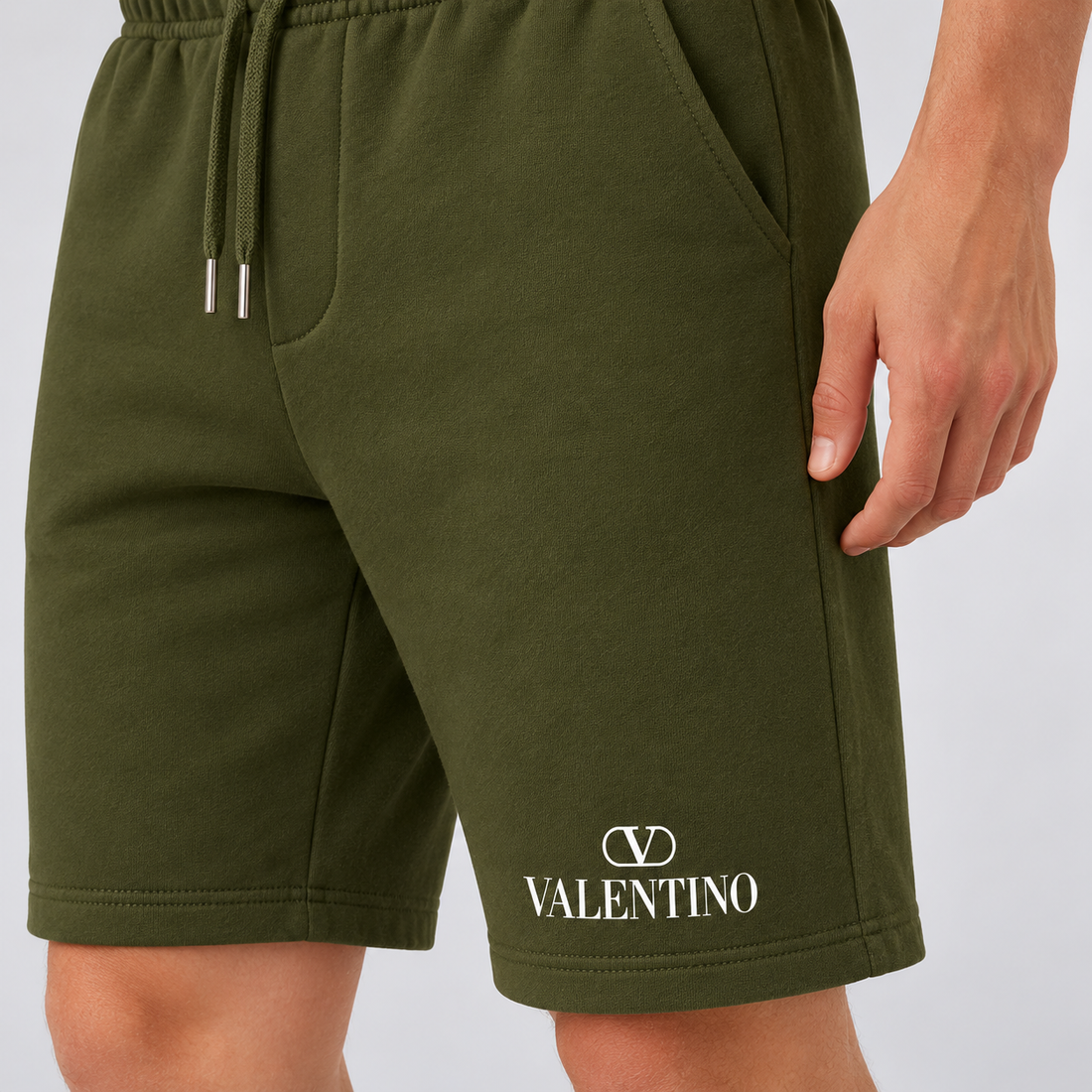 Men's Valentino Athletic Fleece Shorts | Color: Army Green | View 4