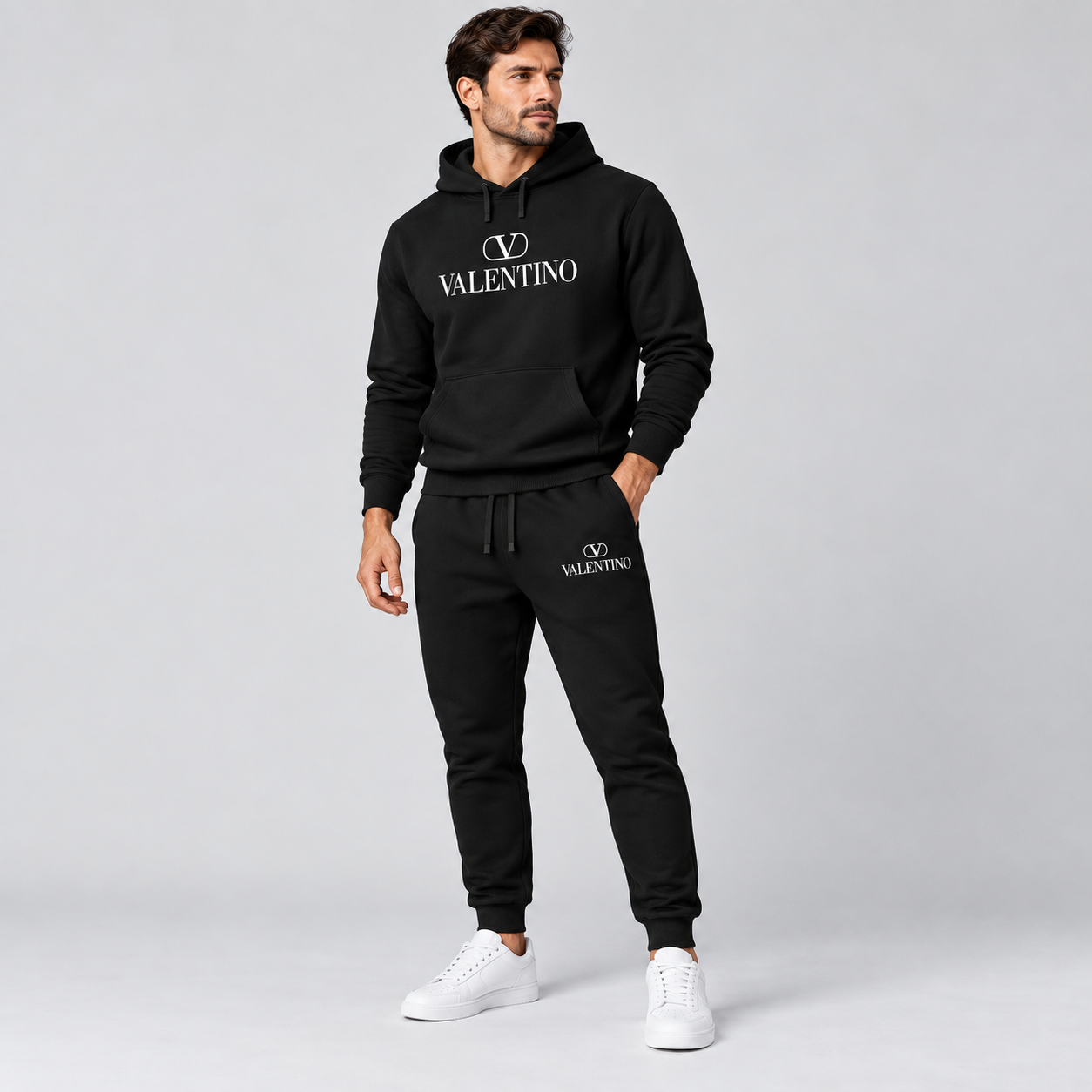 Men's Valentino Hoodie Joggers Set | Color: Black | View 3