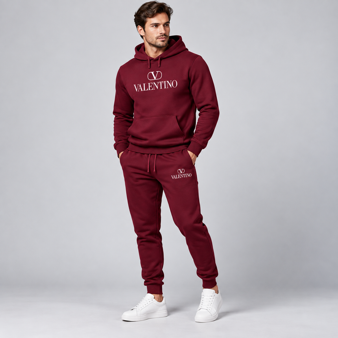 Men's Valentino Hoodie Joggers Set | Color: Burgundy | View 3