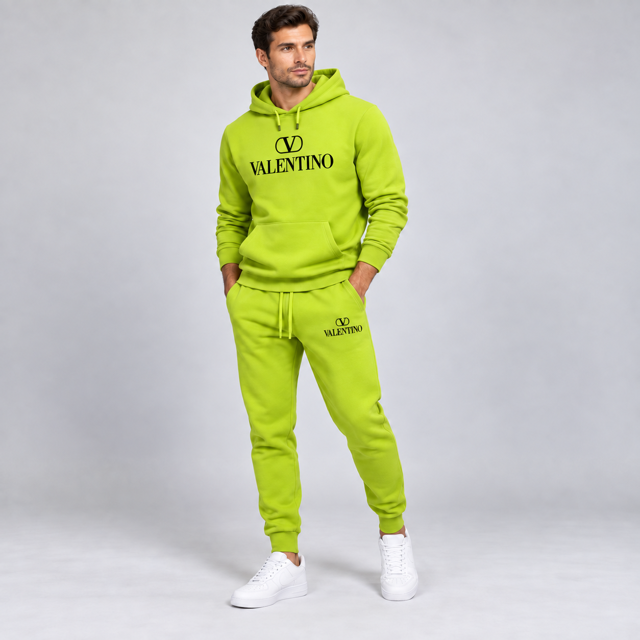 Men's Valentino Hoodie Joggers Set | Color: Lime Green | View 3