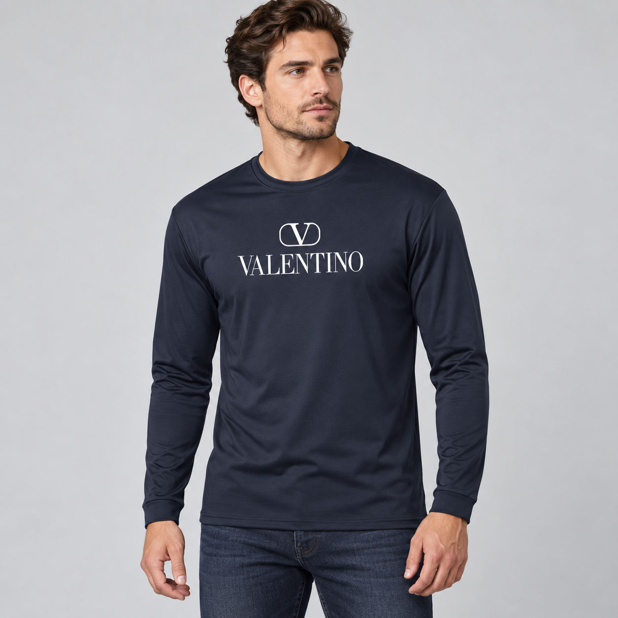 Men's Valentino Polyester Long Sleeve T-Shirt | Color: Navy | View 3