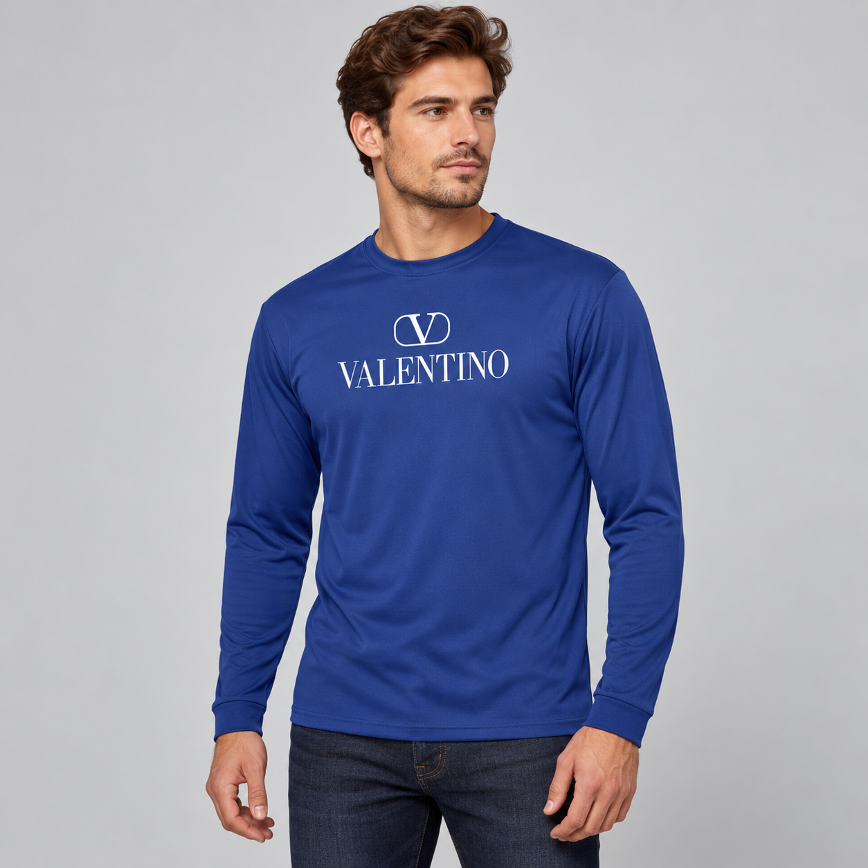 Men's Valentino Polyester Long Sleeve T-Shirt | Color: Royal Blue | View 3