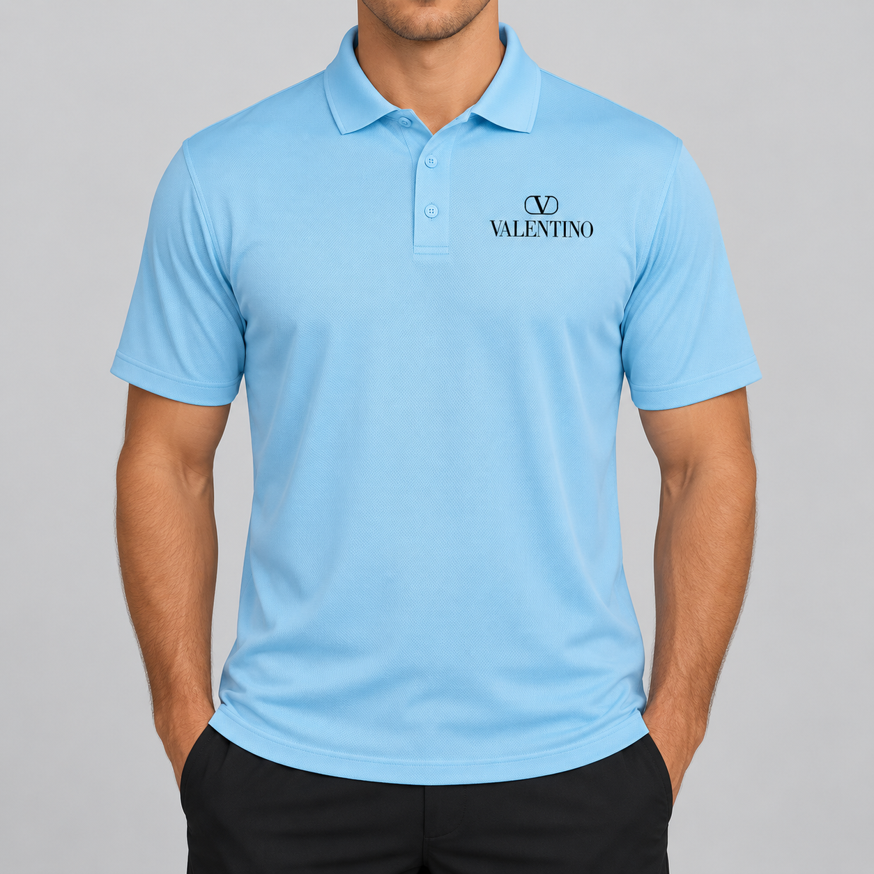 Men's Valentino Polyester Polo | Color: Sky Blue | View 3
