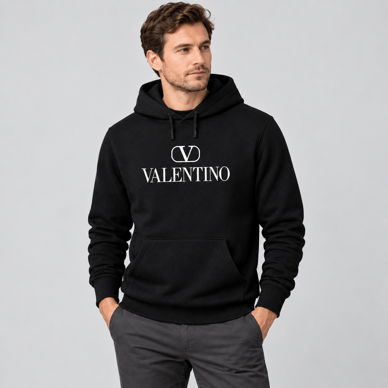 Men's Valentino Pullover Hoodie | Color: Black | View 3