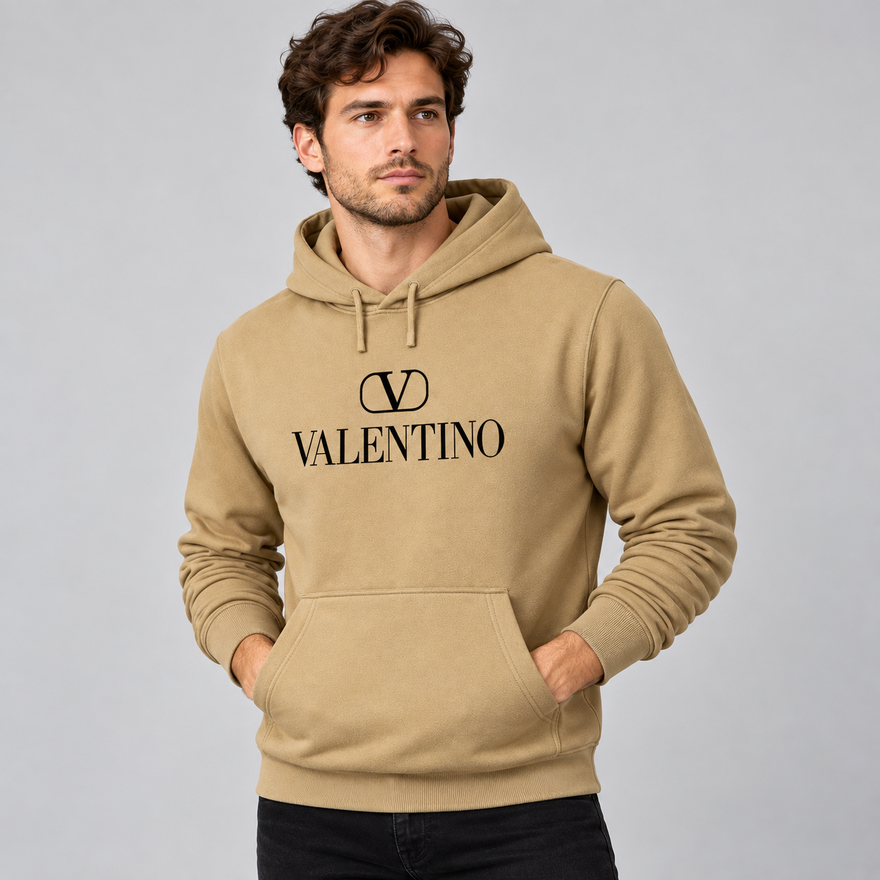 Men's Valentino Pullover Hoodie | Color: Khaki | View 3