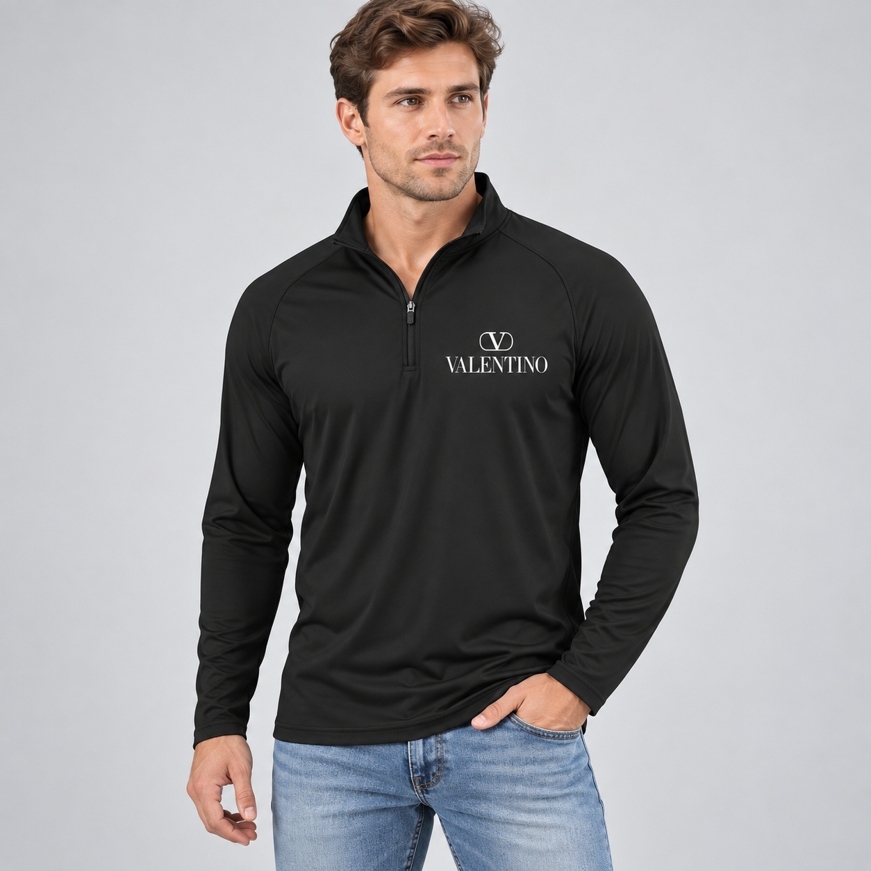 Men’s Valentino Lightweight Quarter-Zip Athletic Shirt – Long Sleeve Polyester Wear | Color: Black | View 3