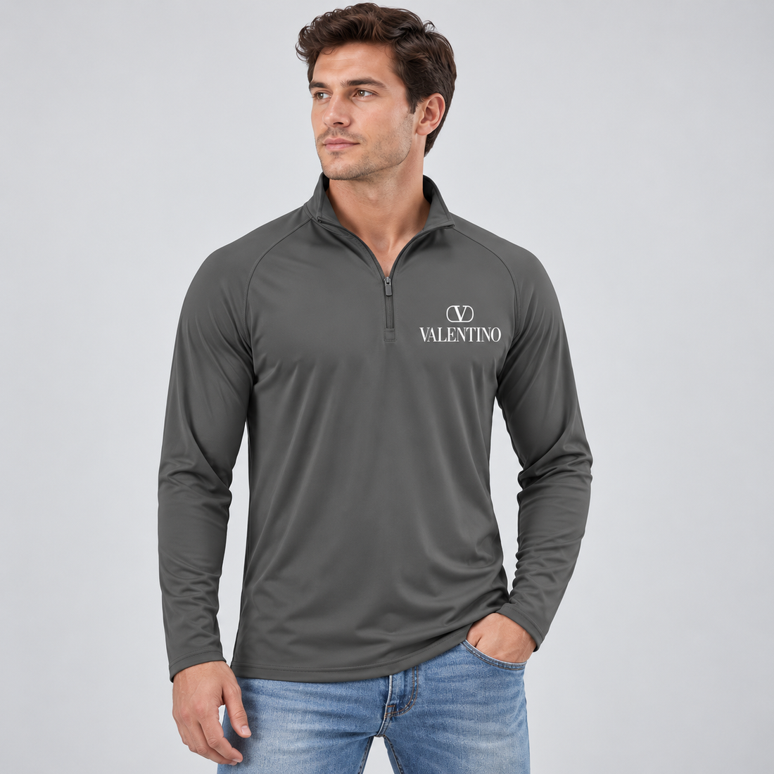 Men’s Valentino Lightweight Quarter-Zip Athletic Shirt – Long Sleeve Polyester Wear | Color: Dark Gray | View 3