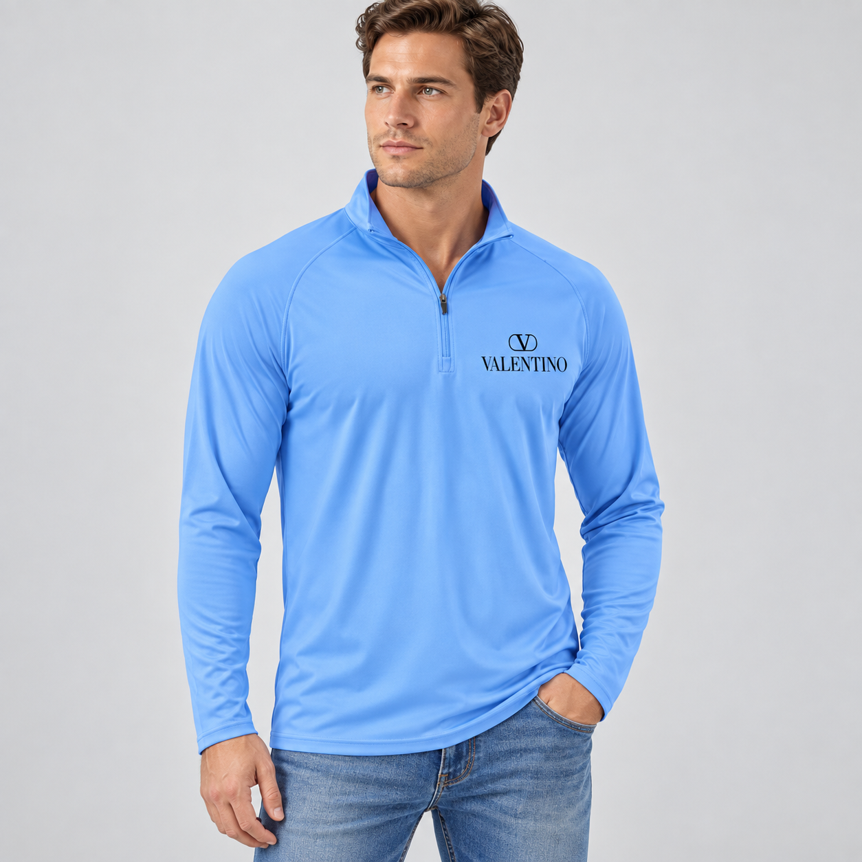 Men’s Valentino Lightweight Quarter-Zip Athletic Shirt – Long Sleeve Polyester Wear | Color: Light Blue | View 3