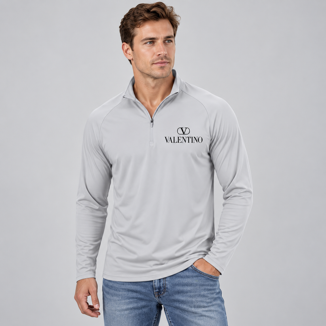 Men’s Valentino Lightweight Quarter-Zip Athletic Shirt – Long Sleeve Polyester Wear | Color: Light Gray | View 3