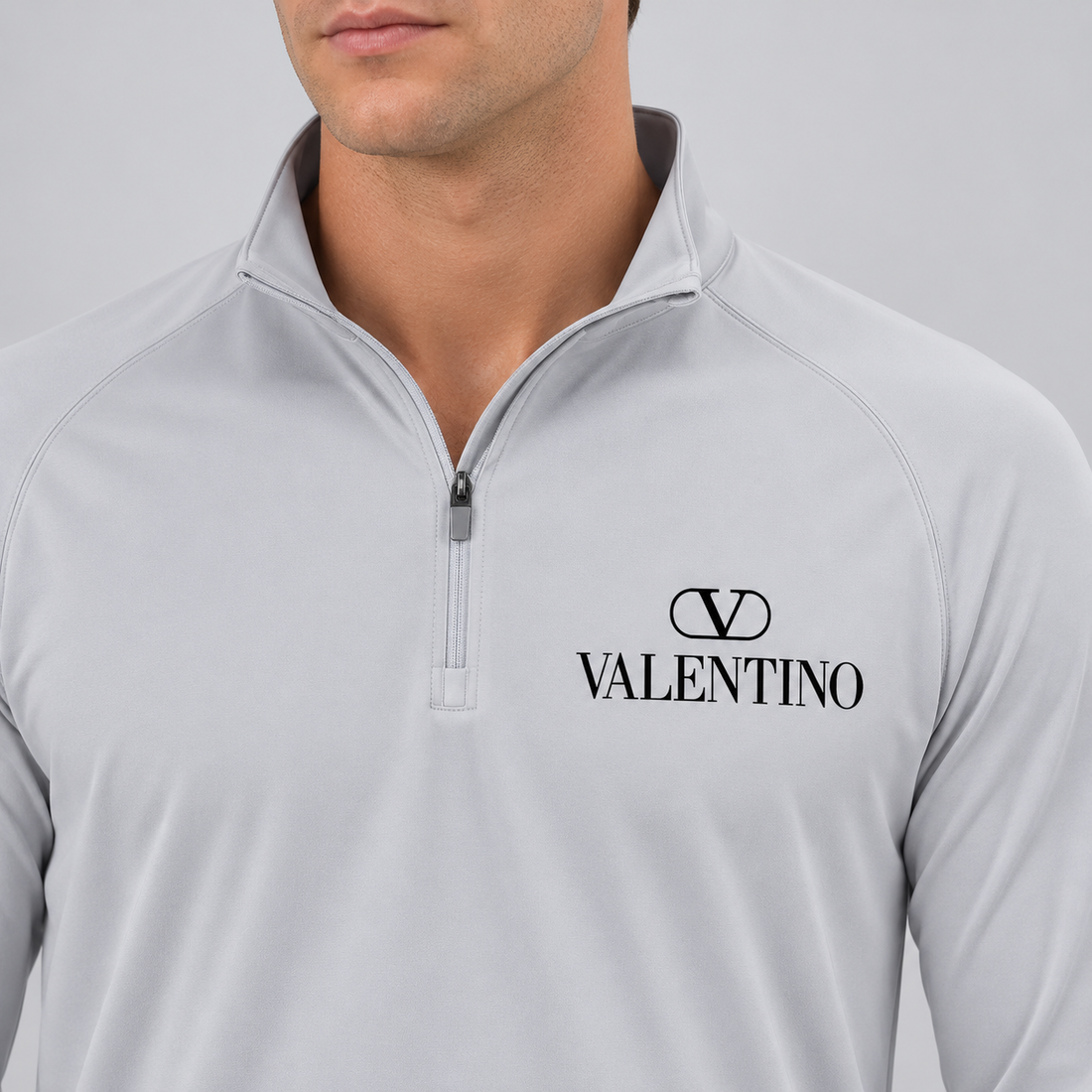 Men’s Valentino Lightweight Quarter-Zip Athletic Shirt – Long Sleeve Polyester Wear | Color: Light Gray | View 4
