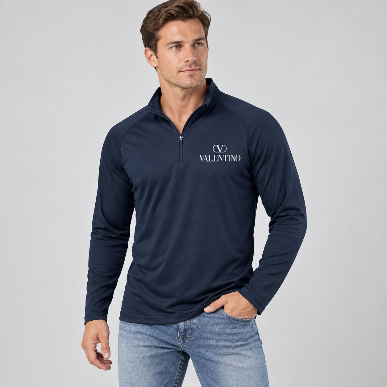 Men’s Valentino Lightweight Quarter-Zip Athletic Shirt – Long Sleeve Polyester Wear | Color: Navy | View 3