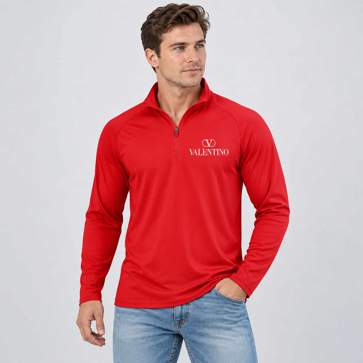 Men’s Valentino Lightweight Quarter-Zip Athletic Shirt – Long Sleeve Polyester Wear | Color: Red | View 3