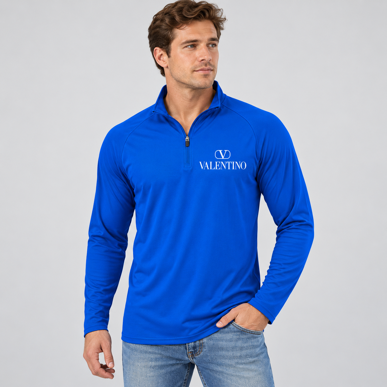 Men’s Valentino Lightweight Quarter-Zip Athletic Shirt – Long Sleeve Polyester Wear | Color: Royal Blue | View 3