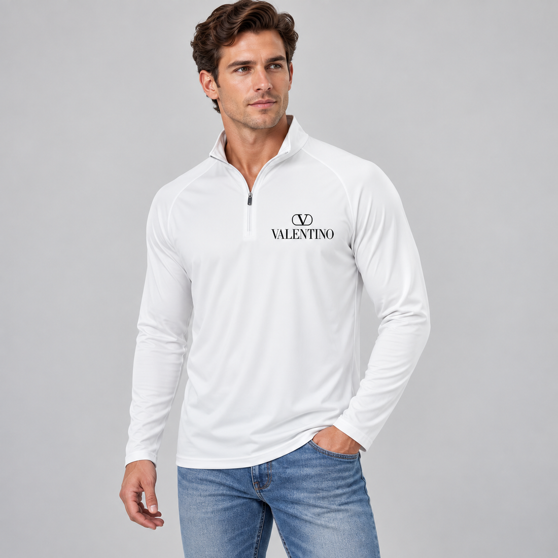 Men’s Valentino Lightweight Quarter-Zip Athletic Shirt – Long Sleeve Polyester Wear | Color: White | View 3