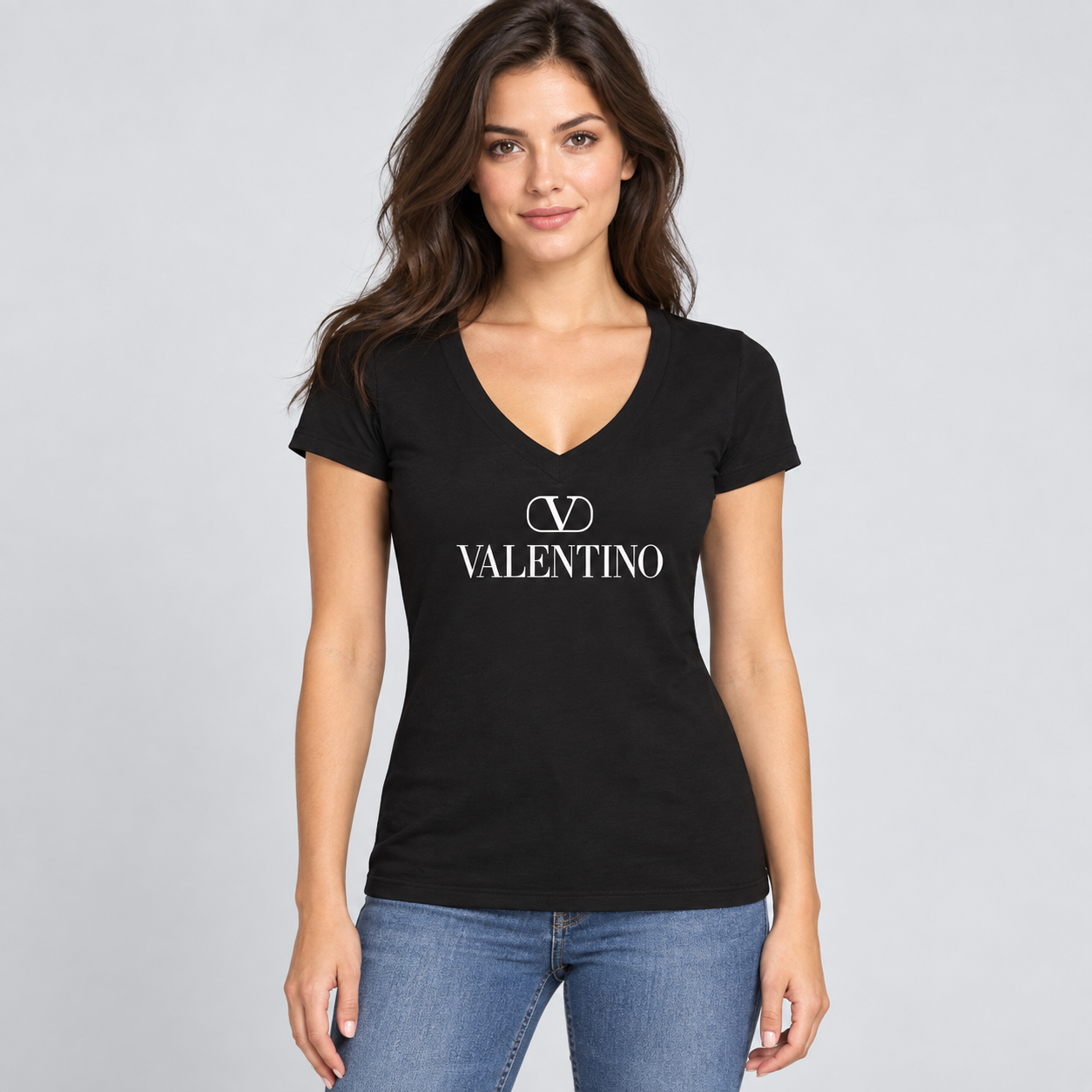 Women's Valentino V-Neck T-Shirt | Color: Black | View 3
