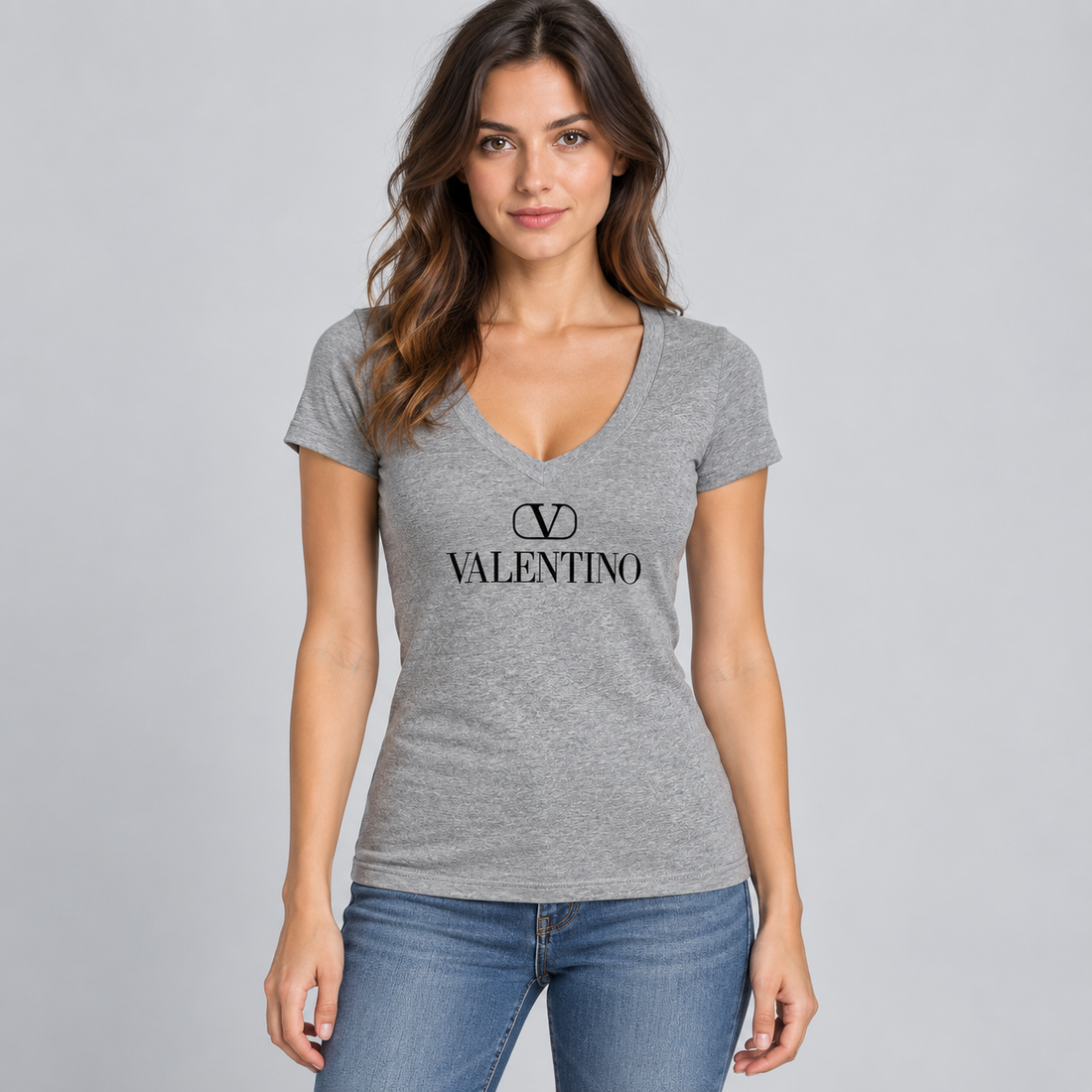 Women's Valentino V-Neck T-Shirt | Color: Grey | View 3