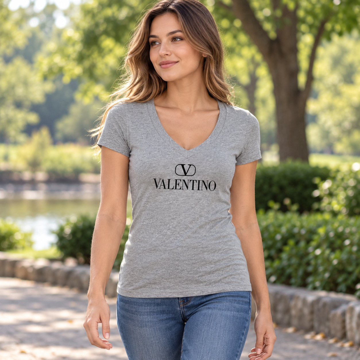 Women's Valentino V-Neck T-Shirt | Color: Grey | View 4