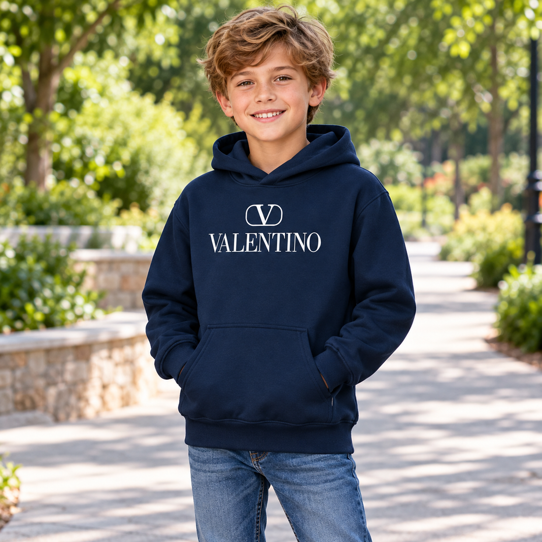 Youth Kids Valentino Pullover Hoodie | Color: Navy | View 4