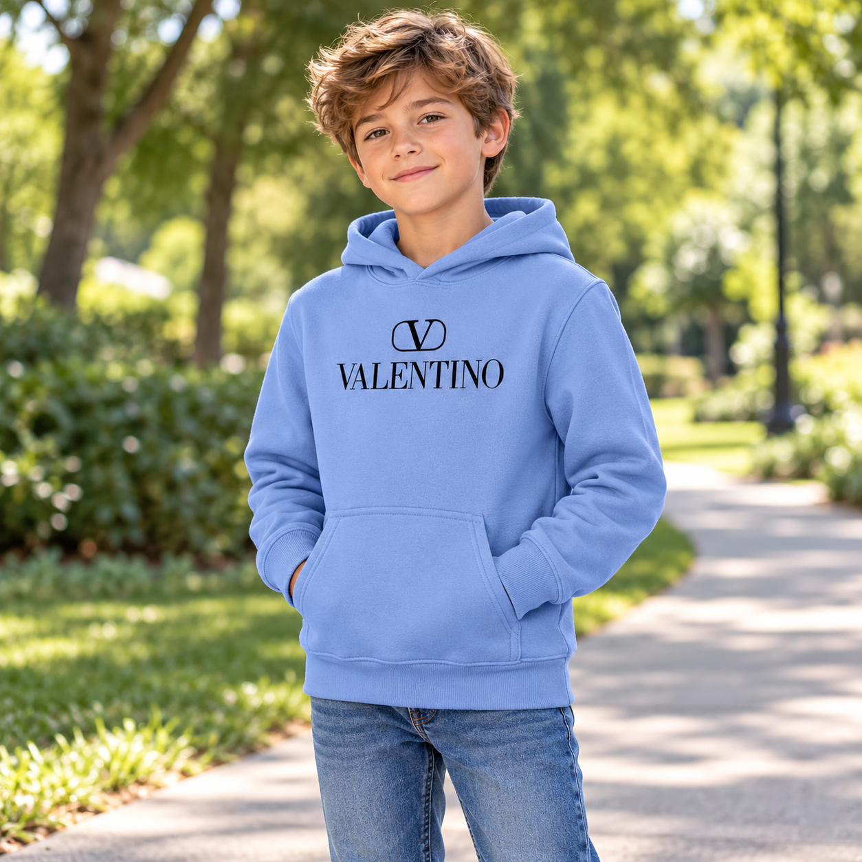 Youth Kids Valentino Pullover Hoodie | Color: Sky Blue | View 4