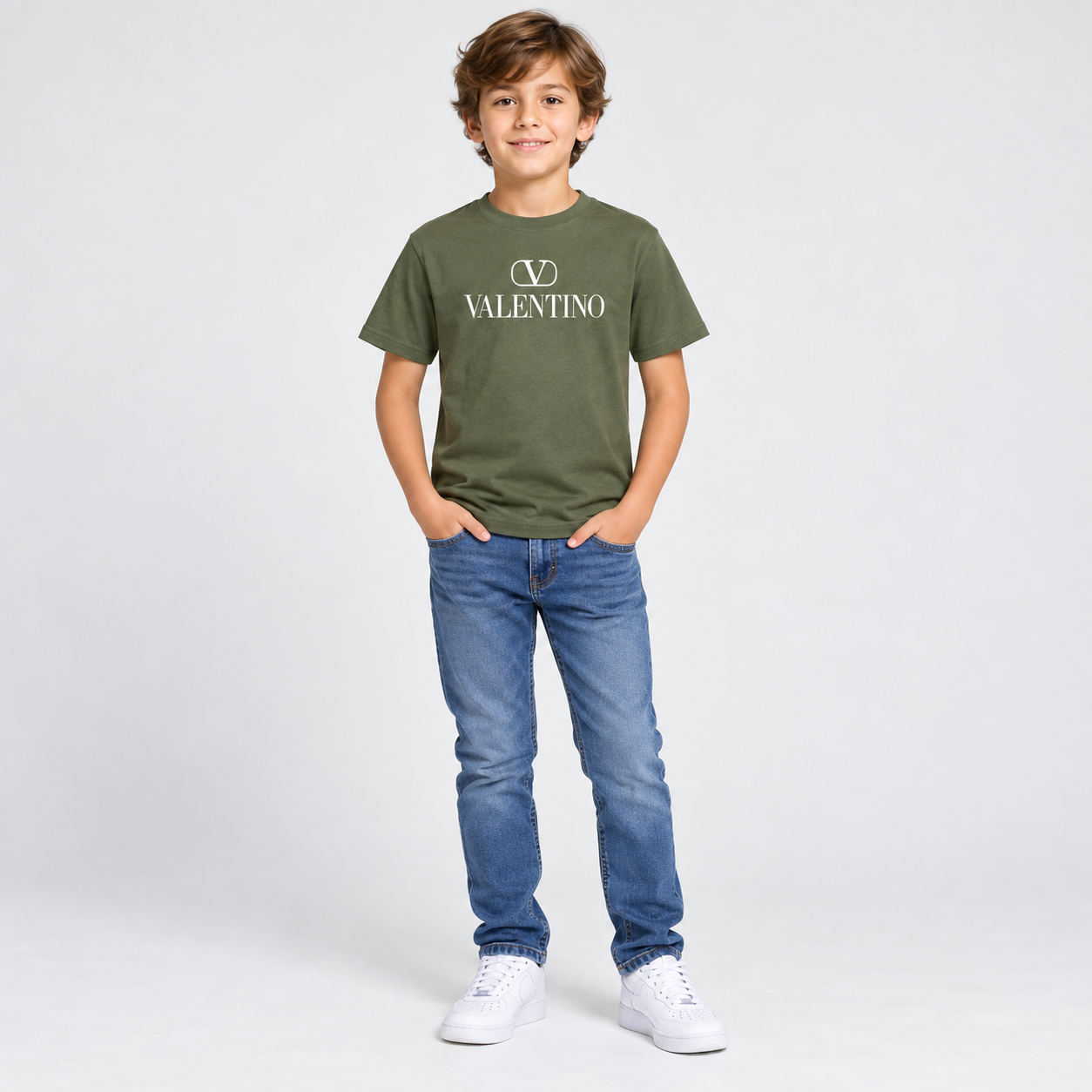Youth Kids Valentino Cotton T-Shirt | Color: Army Green | View 3