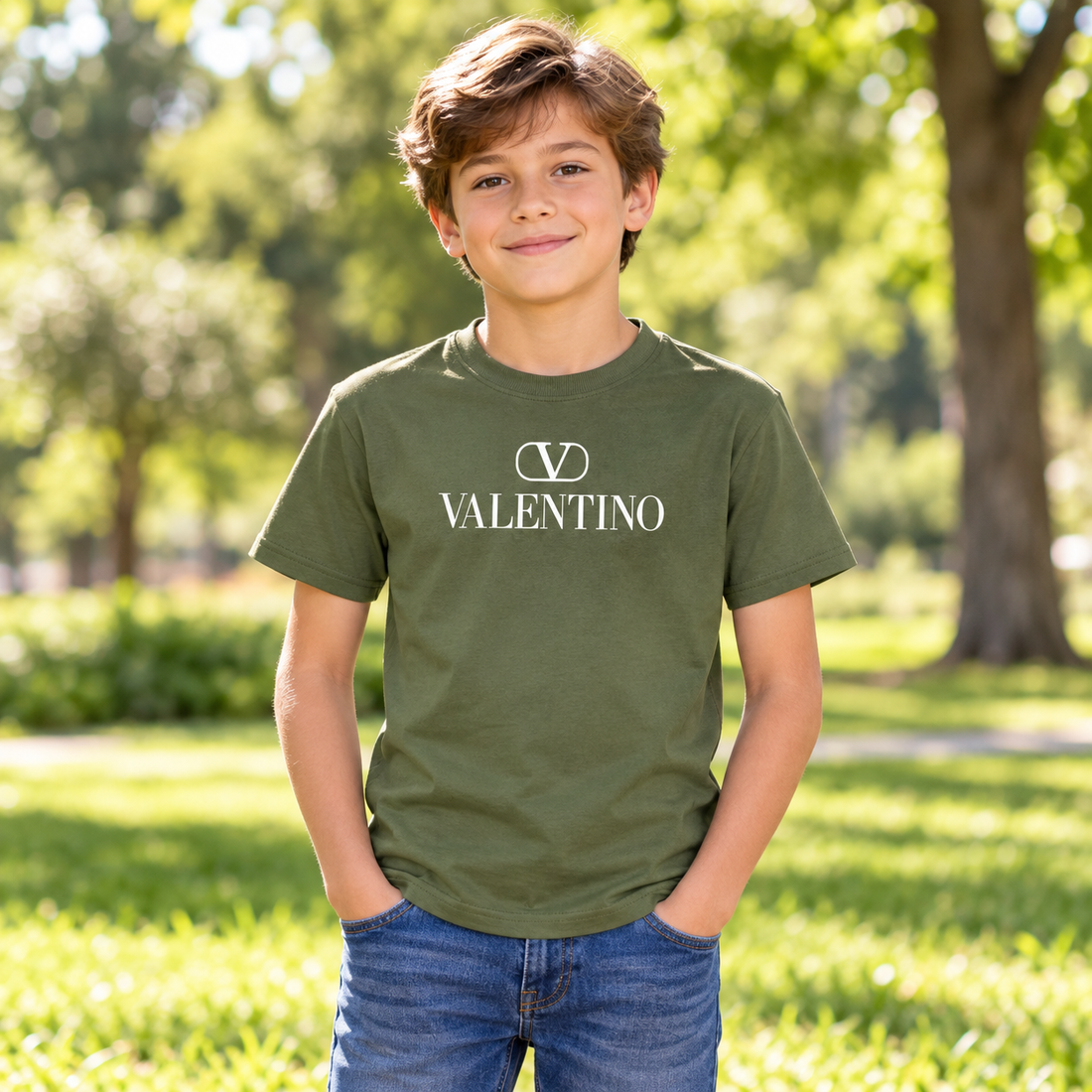 Youth Kids Valentino Cotton T-Shirt | Color: Army Green | View 4