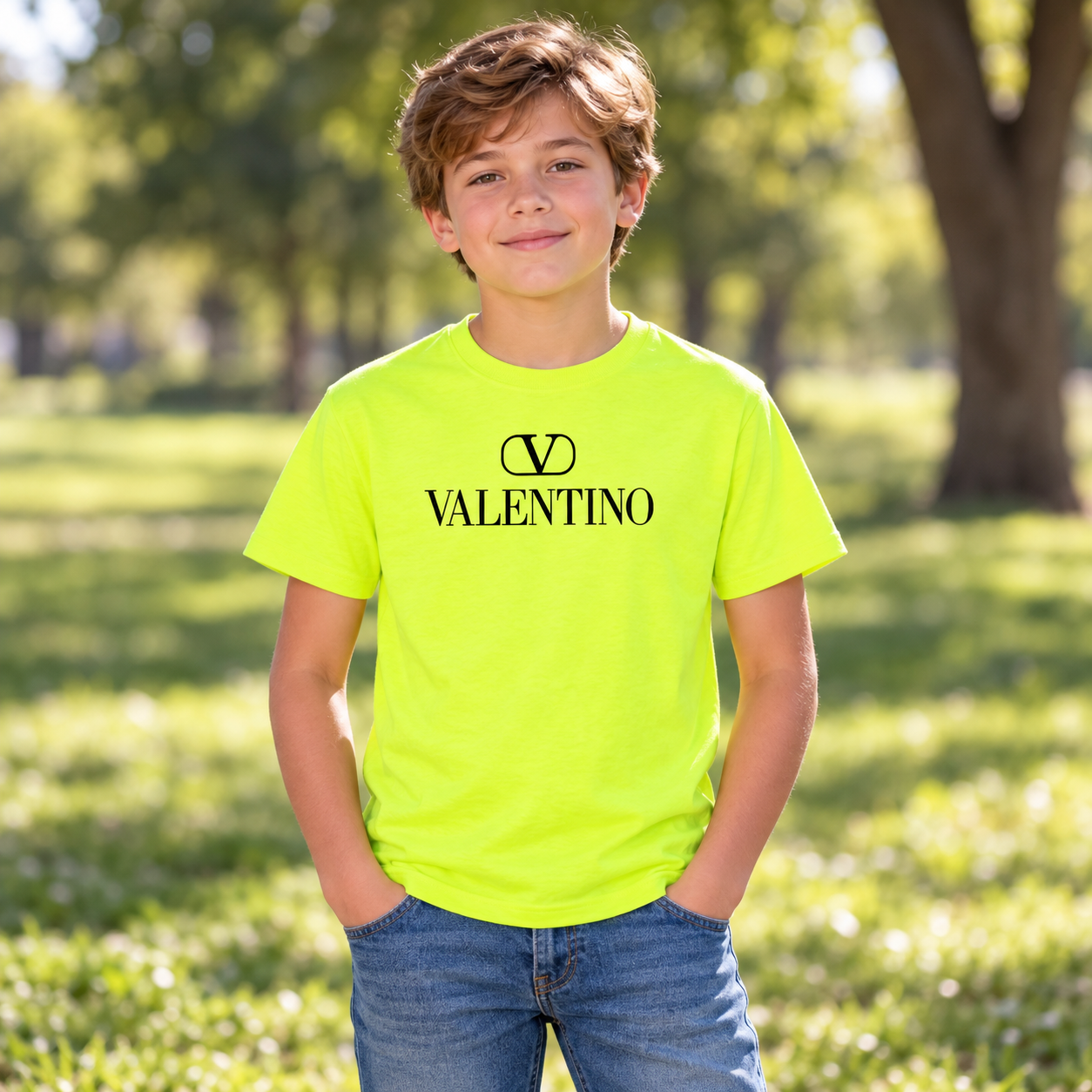 Youth Kids Valentino Cotton T-Shirt | Color: Safety Green | View 4