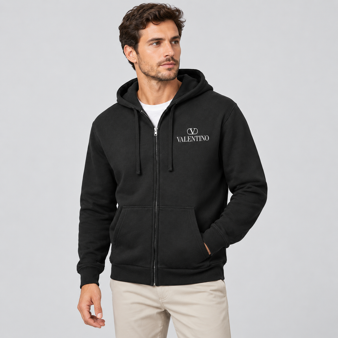 Men's Valentino Zipper Hoodie | Color: Black | View 3