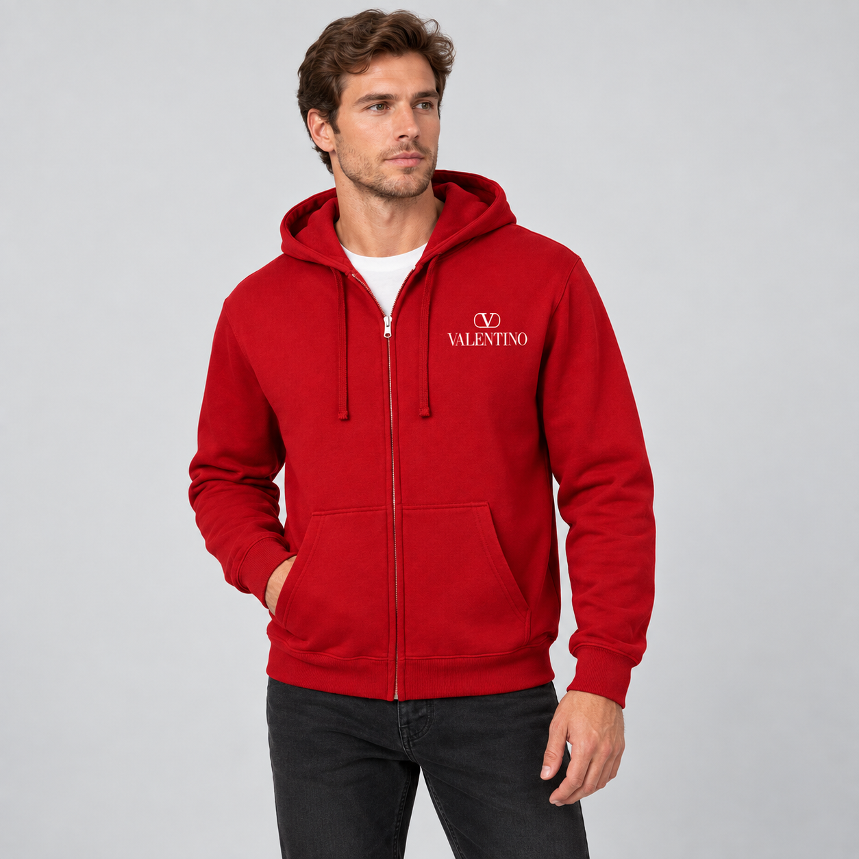 Men's Valentino Zipper Hoodie | Color: Red | View 3