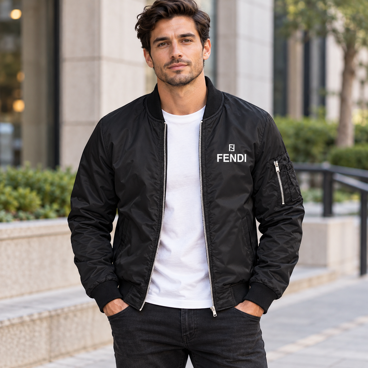 Men's Fendi Lightweight Bomber Jacket Windbreaker Softshell Varsity Jacket Coat | Color: Black | Image 1