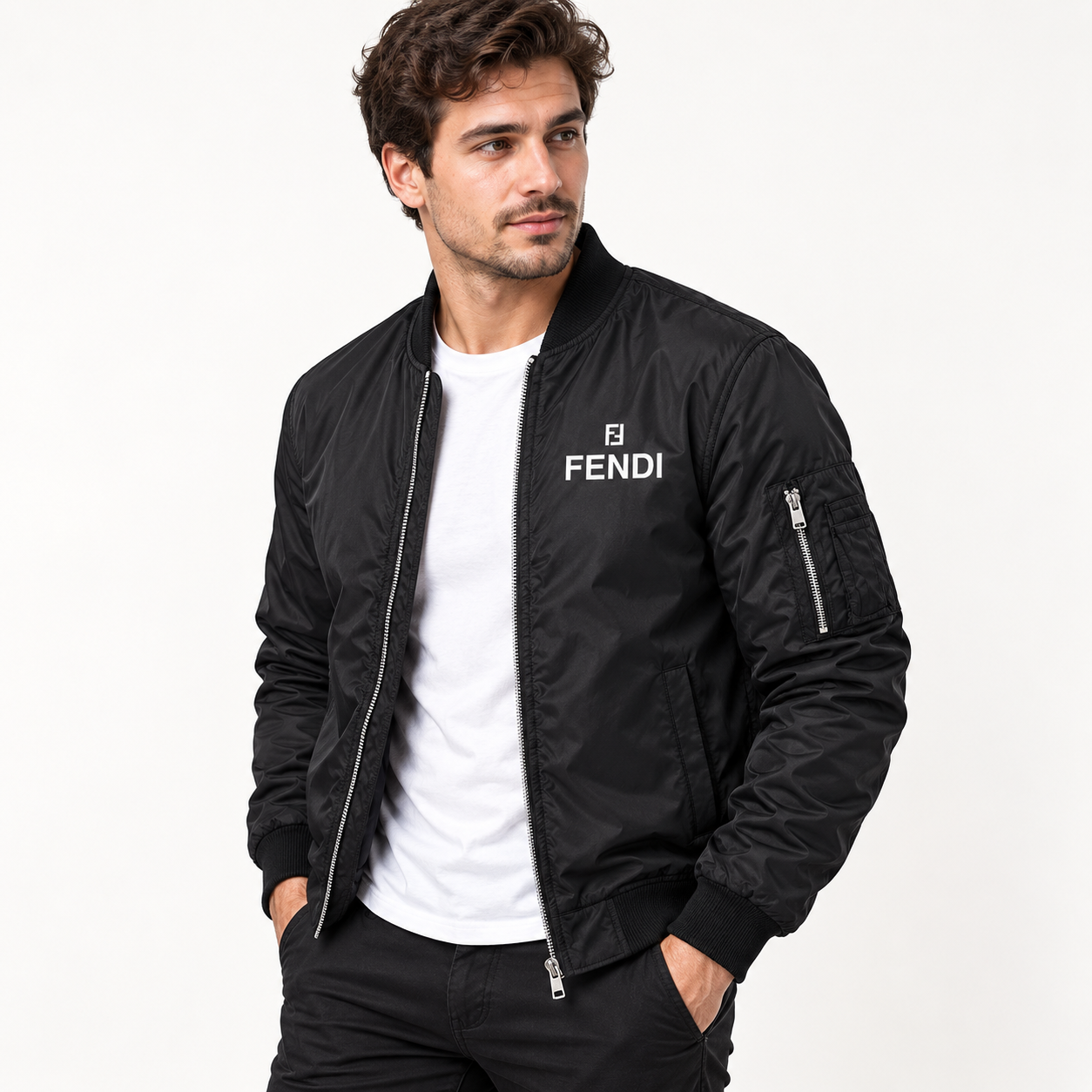 Men's Fendi Lightweight Bomber Jacket Windbreaker Softshell Varsity Jacket Coat | Color: Black | Image 2