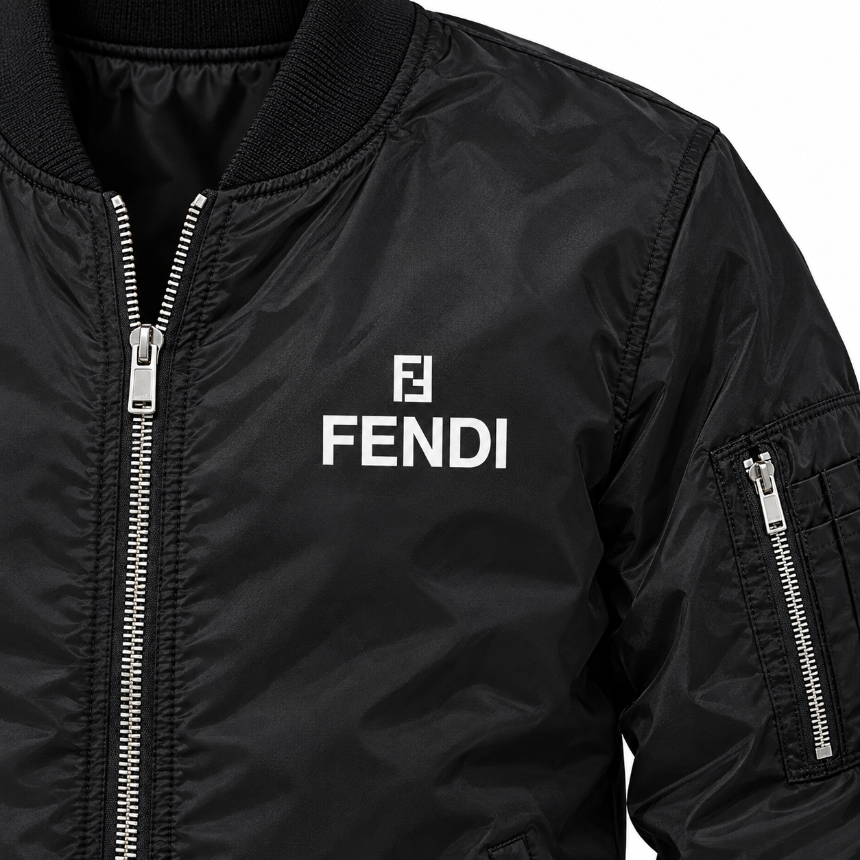 Men's Fendi Lightweight Bomber Jacket Windbreaker Softshell Varsity Jacket Coat | Color: Black | Image 3
