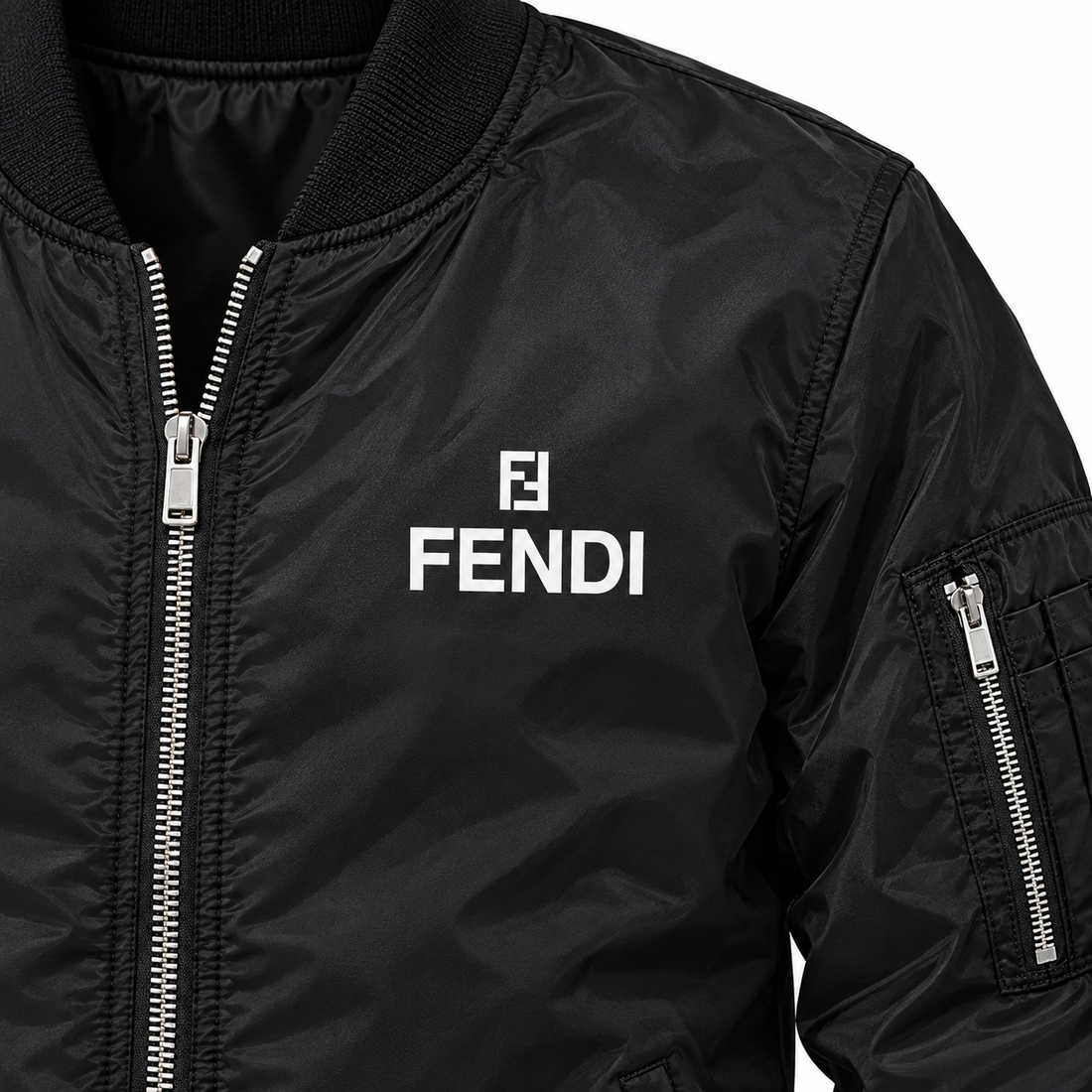 Men's Fendi Lightweight Bomber Jacket Windbreaker Softshell Varsity Jacket Coat | Color: Black | Image 3